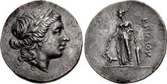Greek CARIA, Knidos. Circa 200-150 BC. AR Tetradrachm (30mm, 16.62 g, 12h). Head of Apollo right, wearing laurel wreath / Artemis Hyakinthotrophos standing facing, head left, holding laurel branch in 