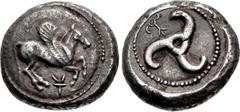 Greek DYNASTS of LYCIA. Khinakha. Circa 440/30-400 BC. AR Stater (19mm, 9.86 g). Uncertain mint (possibly Limyra). Pegasos flying right; monogram below; all on raised disc / Large triskeles; conjoined