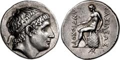 Greek SELEUKID EMPIRE. Antiochos I Soter. 281-261 BC. AR Tetradrachm (29mm, 16.58 g, 12h). Smyrna mint. Diademed head right / BAΣIΛEΩΣ ANTIOXOY, Apollo Delphios, nude, testing three arrows in his righ