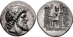 Greek SELEUKID EMPIRE. Antiochos IV Epiphanes. 175-164 BC. AR Tetradrachm (31mm, 16.61 g, 12h). Antioch on the Orontes mint. Series 3, struck 168-164 BC. Bearded head of Zeus right, wearing laurel wre