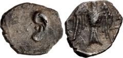 Greek JUDAEA, Achaemenid Province (Yehud). Anonymous. Circa 375-332 BCE. AR Gerah – Twenty-fourth Shekel (8mm, 0.31 g, 9h). Ear (of God?) / Falcon upward, head right, wings spread; [YHD (in Phoenician