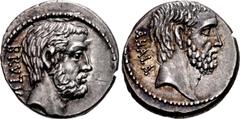 Roman Republican Q. Servilius Caepio (M. Junius) Brutus. 54 BC. AR Denarius (17mm, 4.37 g, 6h). Rome mint. Bare head of L. Junius Brutus right; BRVTV[S] downward to left / Bare head of C. Servilius Ah