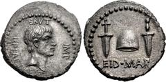 Roman Republican The Republicans. Brutus. Late summer-autumn 42 BC. AR Denarius (18mm, 3.49 g, 12h). Military mint traveling with Brutus and Cassius in western Asia Minor or northern Greece; L. Plaeto