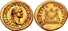 Roman Imperial Domitian. As Caesar, AD 69-81. AV Aureus (20mm, 7.21 g, 6h). Rome mint. Struck under Titus, AD 80-81. CAESAR DIVI F DOMITIΛNVS COS VII, laureate head right / PRINCEPS IVVENTVTIS, garlan