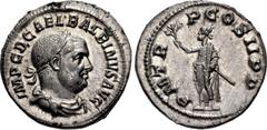 Roman Imperial Balbinus. AD 238. AR Denarius (19mm, 3.11 g, 12h). Rome mint. 1st emission. IMP C D CAEL BALBINVS AVG, laureate, draped, and cuirassed bust right / P M TR P COS II P P, Balbinus standin