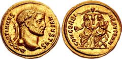 Roman Imperial Diocletian. AD 284-305. AV Aureus (19.5mm, 5.44 g, 6h). Uncertain (Cyzicus or Antioch) mint. Special issue, struck AD 293. DIOCLETIANVS AVGVSTVS, laureate head right / CONCORDI AE AVGG 