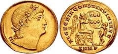 Roman Imperial Constantine I. AD 307/310-337. AV Solidus (22mm, 4.31 g, 11h). Nicomedia mint, 1st officina. Struck AD 335. Rosette-diademed head right, eyes to God / VICTORIA CONSTANTINI AVG, Victory,