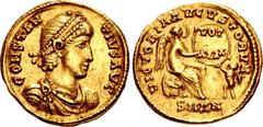 Roman Imperial Constantius II. AD 337-361. AV Nine Siliqua – 1½ Scripulum (14mm, 1.67 g, 6h). Antioch mint. Struck AD 355-361. CONSTAN TIVS AVG, pearl-diademed, draped, and cuirassed bust right / VICT