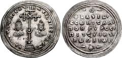 Byzantine Basil II Bulgaroktonos, with Constantine VIII. 976-1025. AR Miliaresion (29mm, 2.95 g, 5h). Constantinople mint. Struck 977-989. ЄҺ τOVτω ҺICAτ´ bASILЄI C CωҺSτ´, cross crosslet, with centra