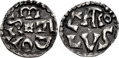 Early Medieval CAROLINGIANS. Charlemagne (Charles the Great). As Charles I, King of the Franks, 768-814. AR Denier (18mm, 1.33 g, 9h). Class 2. Medolus (Melle) mint. Struck 771-793/4. C(AR)o/LVS in tw