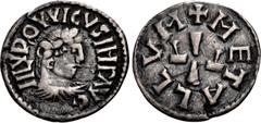 Early Medieval CAROLINGIANS. Louis 'le Pieux' (the Pious). As Emperor Louis I, 814-840. AR Denier (18.5mm, 1.36 g, 2 or 8h). Class 1. Metallum (Melle) mint. Struck 814-819. HLVDOVVICVS IMP AVG, laurea