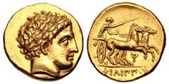 Greek KINGS of MACEDON. Philip III Arrhidaios. 323-317 BC. AV Stater (18.5mm, 8.61 g, 8h). In the types of Philip II. Pella mint. Struck under Antipater or Polyperchon, circa 323-318/7 BC. Head of Apo