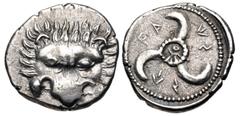 Greek DYNASTS of LYCIA. Vekhssere II. Circa 410/00-390/80 BC. AR Third Stater (16mm, 2.84 g). Zagaba or Tymnessos mint. Facing lion scalp / Triskeles; monogram in center, WE-XS-SE (in Lycian) around. 