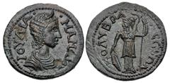 Roman Provincial CILICIA, Colybrassus. Julia Mamaea. Augusta, AD 222-235. Æ (25mm, 8.30 g, 12h). Draped bust right, wearing stephane / Athena standing facing, head left, holding shield and spear. SNG 