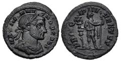 Roman Imperial Galerius. As Caesar, AD 293-305. Æ Quinarius (15mm, 1.40 g, 11h). Rome mint. Struck AD 293-294. Laureate, draped, and cuirassed bust right / Galerius standing left, holding signum and s