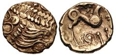 British CELTIC, Iceni. Uninscribed. Circa 60-20 BC. AV Stater (11mm, 1.14 g, 6h). Snettisham Wreath type. Wreath crossed by single line of leaves; hidden face, locks of hair, and cloak in quarters / H