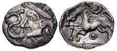 British CELTIC, Iceni. Uninscribed. Circa 50-40 BC. AR Unit (15mm, 1.42 g, 6h). Bury Diadem (Gallo-Belgic XD) type. Uncertain mint in the upper Yare valey. Diademed female head left; snake symbol to l