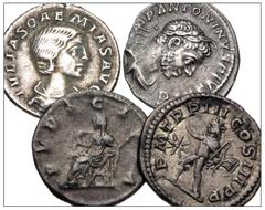 Large Lots ROMAN. Imperial. Lot of four (4) AR Denarii. Includes: Elagabalus (2) // Julia Maesa // Julia Soaemias. Toned. Average VF. LOT SOLD AS IS, NO RETURNS. Four (4) coins in lot.