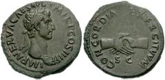 Nerva. AD 96-98. Æ As (29mm, 11.76 g). Rome mint. Struck AD 97. Laureate head right / Clasped hands. RIC II 79; BMCRE 128. VF, dark green patina, fields smoothed. Ex Coin Galleries (21 February 2007),