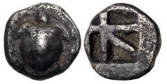 Greek ISLANDS off ATTICA, Aegina. Circa 480-457 BC. AR Obol (8.5mm, 0.93 g, 9h). Sea turtle, head in profile, with trefoil collar and 'T-back' design on shell / Large square incuse with skew pattern. 