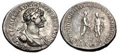 Roman Imperial Hadrian. AD 117-138. AR Denarius (19mm, 3.45 g, 6h). Rome mint. Group 1, August-December AD 117. Laureate and cuirassed bust right, wearing balteus / PARTHIC DIVI TRAIAN AVG F P M TR P 