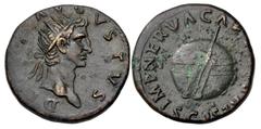 Roman Imperial Divus Augustus. Died AD 14. Æ Dupondius (27mm, 14.20 g, 6h). Restitution issue. Rome mint. Struck under Nerva, AD 98. Radiate head of Divus Augustus right / Rudder on globe. RIC II 131 