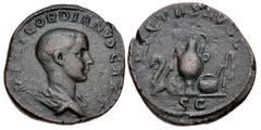 Roman Imperial Gordian III. As Caesar, AD 238. Æ Sestertius (29mm, 17.40 g, 12h). Rome mint. 1st emission of Balbinus and Pupienus, circa April-June AD 238. Bareheaded and draped bust right / Emblems 