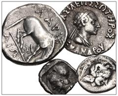 Large Lots GREEK. Miscellaneous. Lot of four (4) silver issues. Includes: CALABRIA, Tarentum. AR Diobol // THESSALY, Larissa. AR Drachm // MYSIA, Lampsakos. AR Diobol. Lot also includes a Baktrian sil