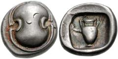 BOEOTIA, Federal Coinage. Circa 304-294 BC. AR Drachm (15mm, 5.82 g). Boiotian shield / Amphora within incuse square. BCD Boiotia 62 (same dies); SNG Copenhagen 261. VF, toned, two test marks on shiel