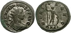 Carus. AD 282-283. Antoninianus (23mm, 2.77 g, 6h). Ticinum mint, 4th officina. 1st emission, 2nd phase, October AD 282. IMP C M AVR KARVS P F AVG, Radiate, draped, and cuirassed bust right / VIRT-V-S