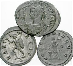 ROMAN. Imperial. Antoniniani of 3rd century AD. Includes: all antoniniani. Probus. Sol in quadriga facing (double struck) // Quintillus. Concordia (much silvering remaining) // Tacitus. Mars carrying 