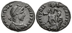The Richard A. Jourdan Collection – Roman Imperial Theodosius I. AD 379-395. Æ (14mm, 1.21 g, 6h). Heraclea mint; 1st officina. Struck AD 378-383. D N THEODO SIVS P F AVG, pearl-diademed, draped, and 