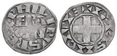 The Richard A. Jourdan Collection – World FRANCE, Royal. Philippe II Auguste. 1180–1223. AR Denier (19.5mm, 1.03 g, 12h). Paris mint. + PHILIPVS REX, FRA/N(quadrate C)O in two lines around field / + P