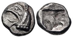 Greek IONIA, Phokaia. Circa 521-478 BC. AR Hemidrachm or Diobol (10mm, 1.61 g). Head of griffin left / Quadripartite incuse square. SNG Tatiṣ 259 (diobol); SNG Kayhan 514–6 (hemidrachm). Toned, granul