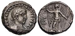 Roman Provincial EGYPT, Alexandria. Valerian I. AD 253-260. Potin Tetradrachm (21mm, 11.62 g, 12h). Dated RY 3 (AD 255/256). Laureate and cuirassed bust right / Nike standing facing, head left, holdin