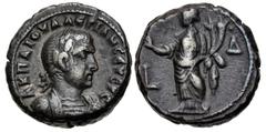 Roman Provincial EGYPT, Alexandria. Valerian I. AD 253-260. Potin Tetradrachm (21mm, 11.98 g, 12h). Dated RY 4 (AD 256/257). Laureate and cuirassed bust right / Homonoia standing left, raising right h