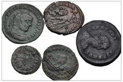 Large Lots ROMAN. Imperial. Lot of five (5) bronze issues from Maximianus to Theodosius I. Includes: Maximianus // Valentinian I (2) // Arcadius // Theodosius I. VF. LOT SOLD AS IS, NO RETURNS. Five (