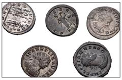 Large Lots ROMAN. Imperial. Lot of five (5) Antoniniani from Claudius II to Tacitus. Includes: Claudius II // Aurelian // Probus // Florian // Tacitus. Most silvered. Good VF to EF. LOT SOLD AS IS, NO
