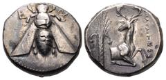 Greek IONIA, Ephesos. Circa 390-325 BC. AR Tetradrachm (24.5mm, 15.25 g, 12h). Olympichos, magistrate. Struck circa 340-325 BC. Bee with straight wings / Forepart of stag right; palm tree to left, OΛY