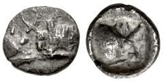 Greek CARIA, Uncertain ('Mint D'). Circa 450-400 BC. AR Tetartemorion (6mm, 0.15 g). Foreparts of two confronted bulls, with horns intertwined / Head of bull right within incuse square. Cf. HN Online 