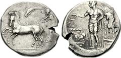 SICILY, Panormos. Circa 415-405 BC. AR Tetradrachm (17.34 g, 1h). Charioteer, holding kentron in right hand, reins in both, driving quadriga left; above, dolphin left; in exergue, dog advancing left /
