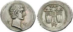LYCIA, Tlos-Cragus. Augustus. 27 BC-AD 14. AR Drachm (3.45 g, 12h). Lycian League issue. Series 6, struck circa 27-20 BC. Bare head right; L-U across fields / TLW above, KR below, winged caduceus; fla