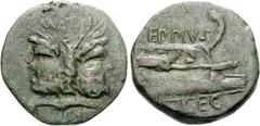 Sextus Pompey. 45-44 BC. Æ As (16.02 g, 9h). Uncertain Spanish or Sicilian mint; Eppius, legate. MAGN above, [PIV]S • IM[P • F] below, laureate head of Janus / EPPIVS above, LEG below, prow of quinque