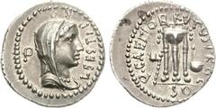 Brutus. 42 BC. AR Denarius (3.86 g, 12h). Military mint with Brutus and Cassius in the East. L Sestius, pro-quaestor. L • SESTI • PRO Q •, veiled and draped bust of Libertas right, wearing pearl neckl