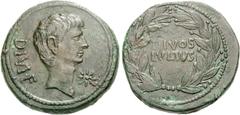 Octavian and Divus Julius Caesar. 38 BC. Æ Sestertius (22.56 g, 2h). Southern Italian(?) mint. DIVI • F, bare head right, wearing slight beard; eight-ray star before / DIVOS/IVLIVS in two lines within