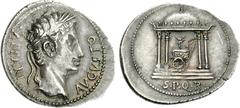 Augustus. 27 BC-AD 14. AR Denarius (3.82 g, 6h). Spanish mint - Tarraco. Struck circa 18 BC. CAESARI AVGVSTO, laureate head right / S • P • Q • R • in exergue, Temple of Mars Ultor: round-domed, tetra