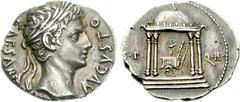 Augustus. 27 BC-AD 14. AR Denarius (3.82 g, 7h). Spanish mint. Struck circa 18 BC. CAESARI AVGVSTO, laureate head right / S•P Q•R across field, temple of Mars Ultor: round-domed, tetra-style temple se