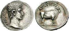 Augustus. 27 BC-AD 14. AR Denarius (3.78 g, 1h). Pergamum mint. Struck 27 BC. CAESAR, bare head of Augustus right / AVGVSTVS, bull standing right. RIC I 475; RSC 28; BMCRR East 284-285 = BMCRE 662-663