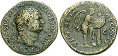 Titus. As Caesar, AD 69-79. Æ Sestertius (24.78 g, 6h). Judaea Capta type. Rome mint. Struck under Vespasian, AD 71. T CAES VESPASIAN IMP PON TR POT COS, laureate head right / VICT-ORIA AVGVSTI, S C a