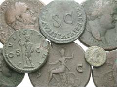 ROMAN. Imperial. Æ of 1st-3rd centuries AD. Includes: (all numbers to RIC) Drusus. As. Legend around S C. 45 (Tiberius) // Nero. Sestertius. Roma. 334 // Vespasian. Sestertius. Mars. 447 // Titus. Ses